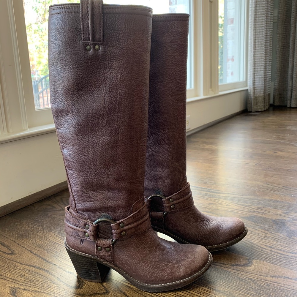 Frye Carmen Harness Boots, Tall Brown Leather, 6.5